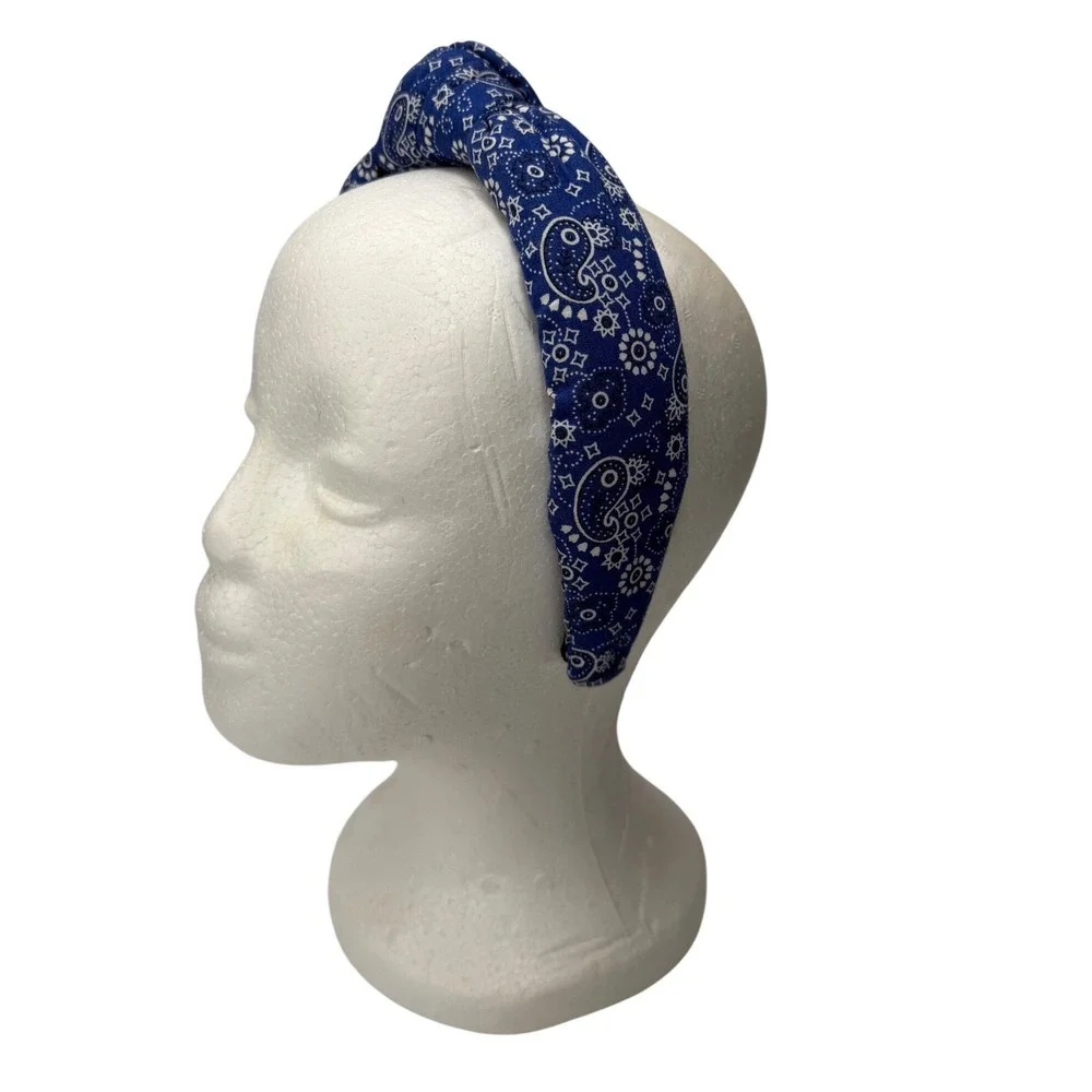Lele Sadoughi Blue Paisley Bandana Top Knot Headband Wide Padded Western Boho